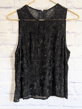Vintage Laura Vogel Beaded Silk Top L Black Sleeveless Tank Shell Cocktail Glam